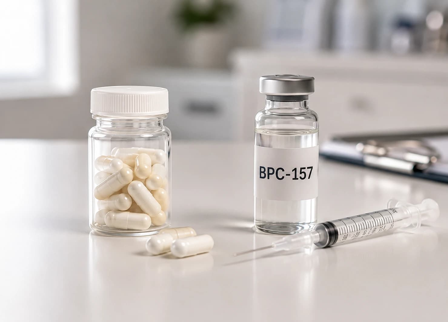 A bottle of BPC-157 and BCP-157 pills
