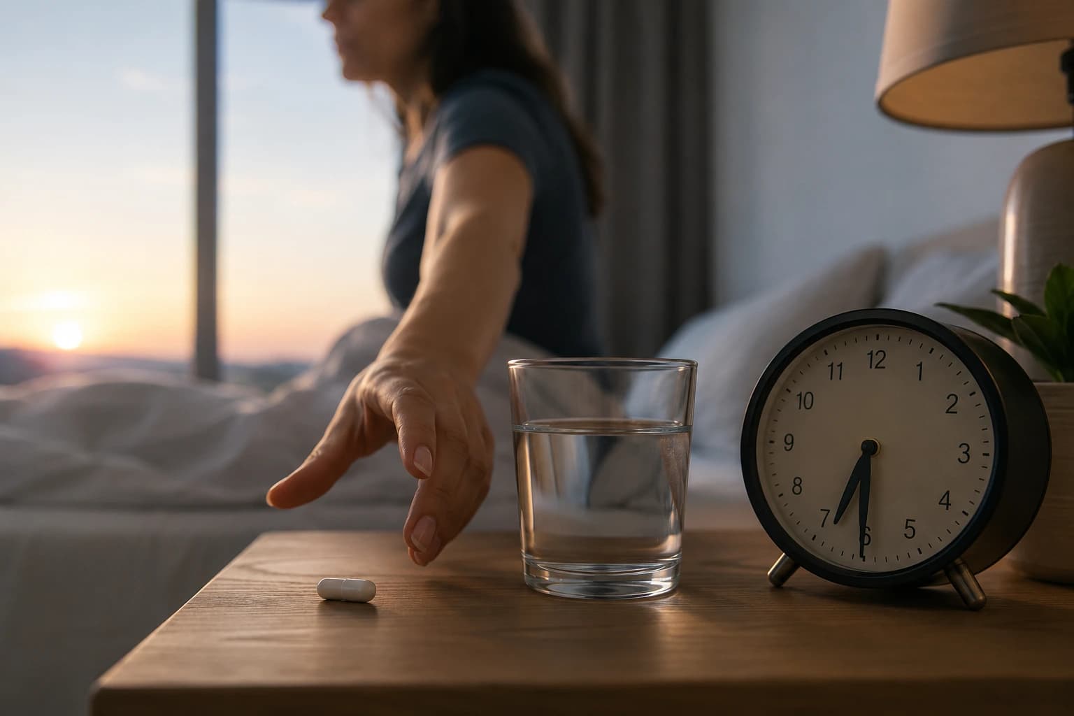 A woman taking BPC-157 pill early in the morning