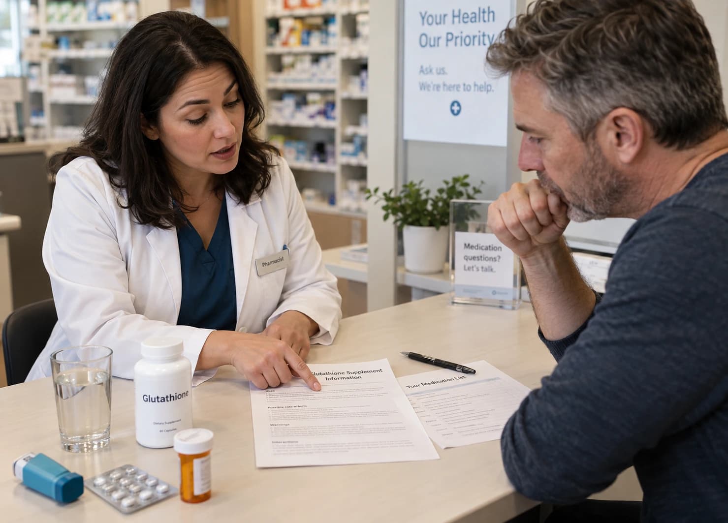 A doctor explain to a patient what to avoid when taking glutathione