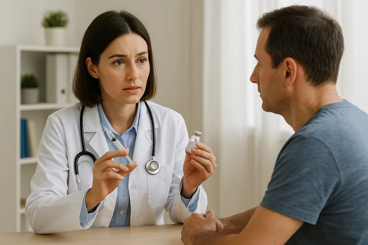 The doctor explaining a patient what are side effects of NAD injections