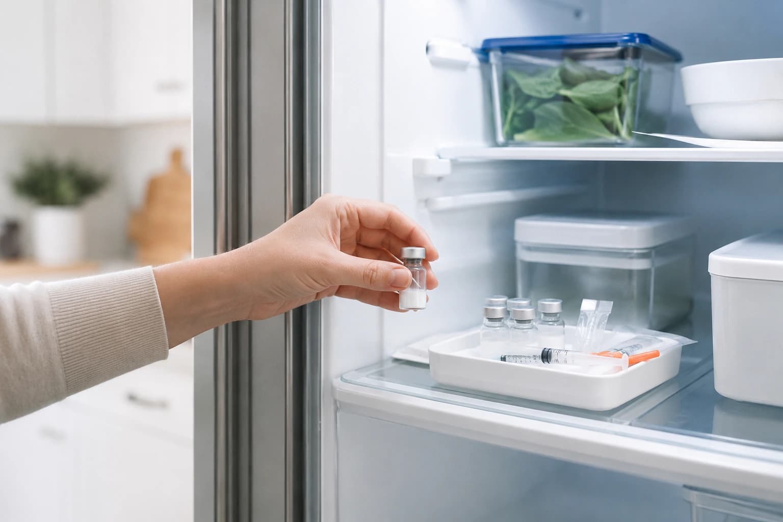 A person putting sermorelin bottle in the refrigerator